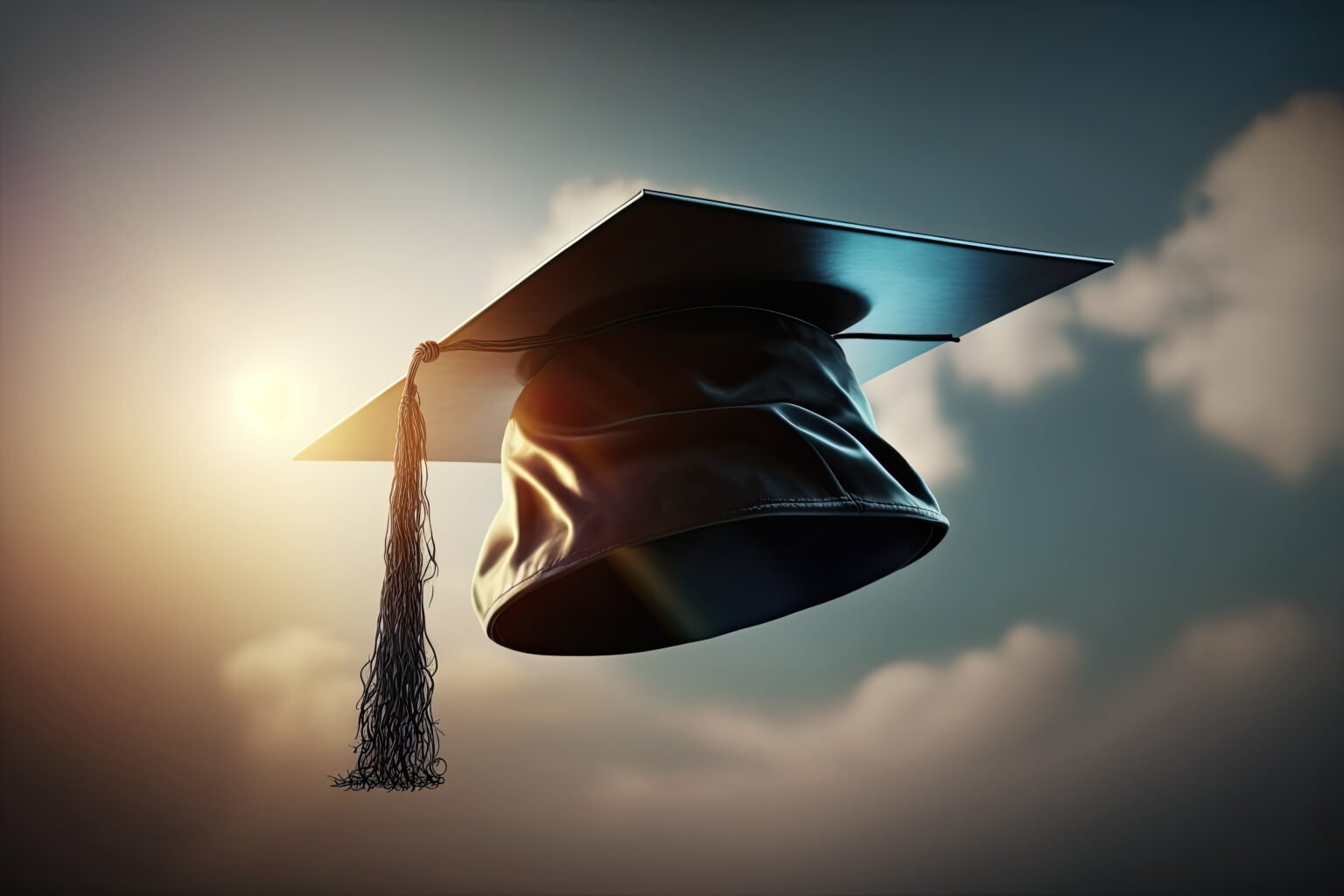 Graduation cap thrown into the air with sky background. evening light. Ceremony graduation day. Ai generative